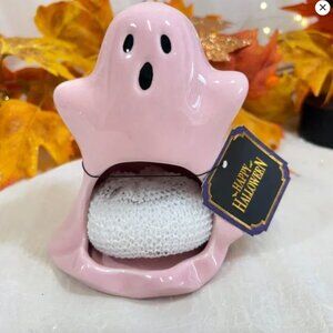 Happy Halloween Pink Ceramic Ghost Kitchen Sponge Scrubby Holder Shabby Chic New